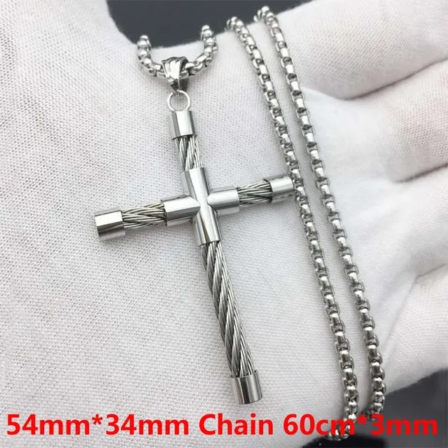 Byzantine Box Chain Link Gold/Silver Tone Men Stainless Steel Cross Pendant Necklace