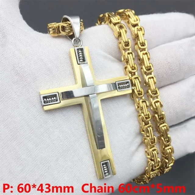 Byzantine Box Chain Link Gold/Silver Tone Men Stainless Steel Cross Pendant Necklace