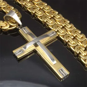 Byzantine Box Chain Link Gold/Silver Tone Men Stainless Steel Cross Pendant Necklace
