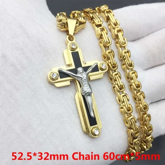 Byzantine Box Chain Link Gold/Silver Tone Men Stainless Steel Cross Pendant Necklace