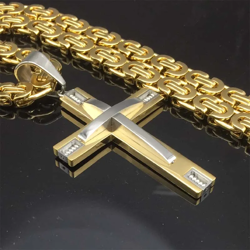 Byzantine Box Chain Link Gold/Silver Tone Men Stainless Steel Cross Pendant Necklace