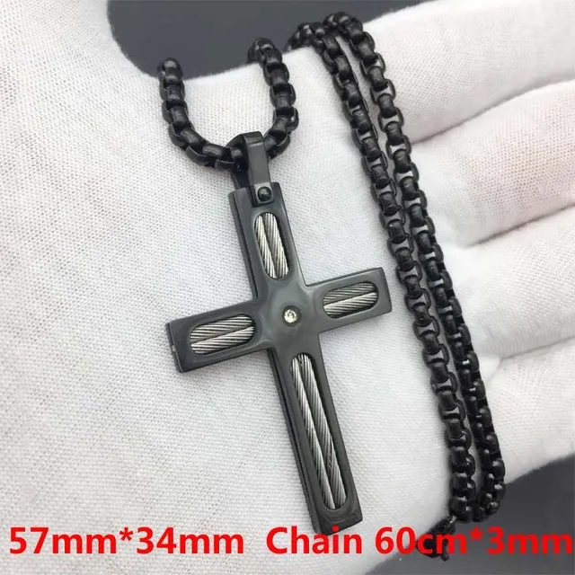 Byzantine Box Chain Link Gold/Silver Tone Men Stainless Steel Cross Pendant Necklace
