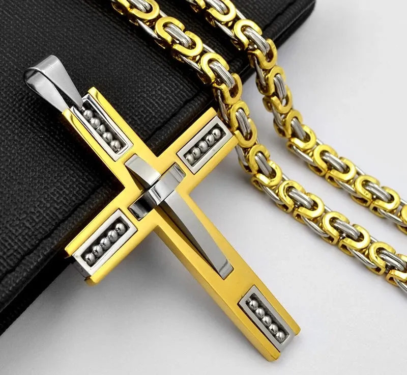 Byzantine Box Chain Link Gold/Silver Tone Men Stainless Steel Cross Pendant Necklace