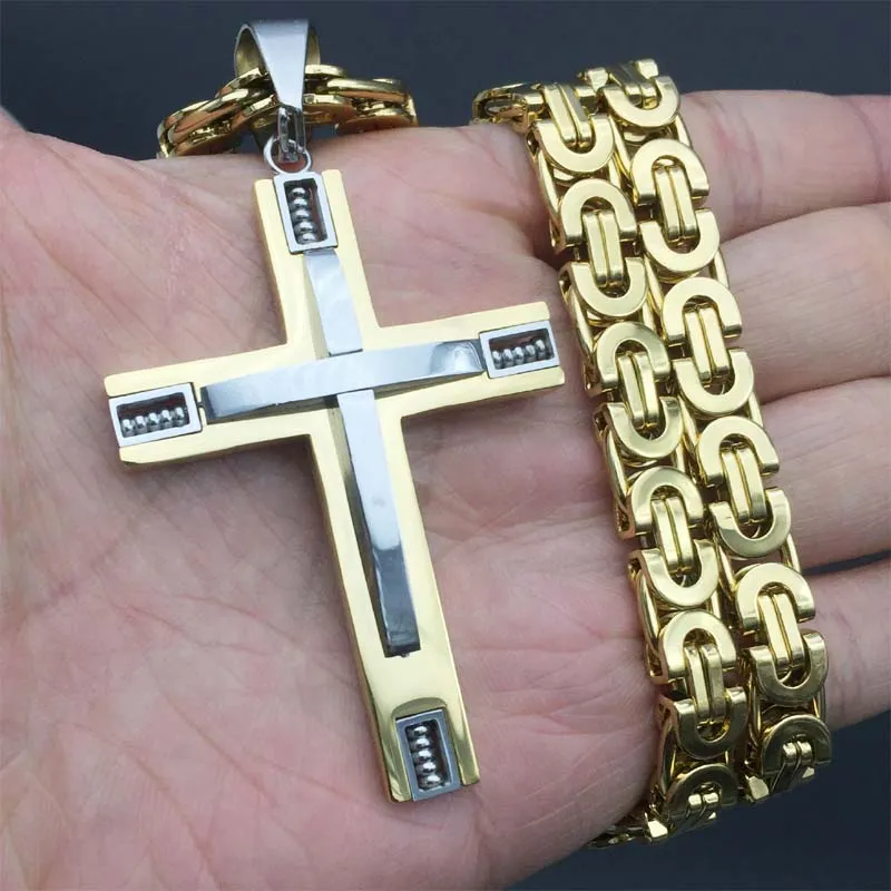 Byzantine Box Chain Link Gold/Silver Tone Men Stainless Steel Cross Pendant Necklace