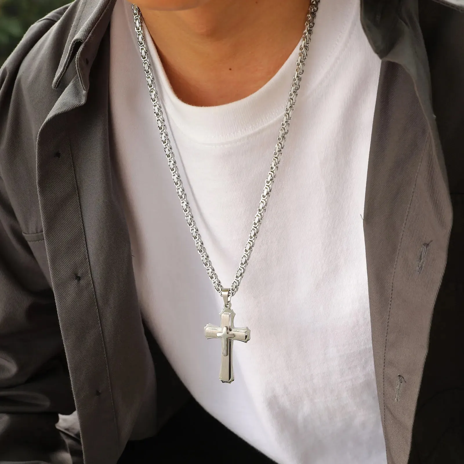 Chunky 3-layer Cross Necklaces for Men Boys,Bold Byzantine Link Chain Necklace