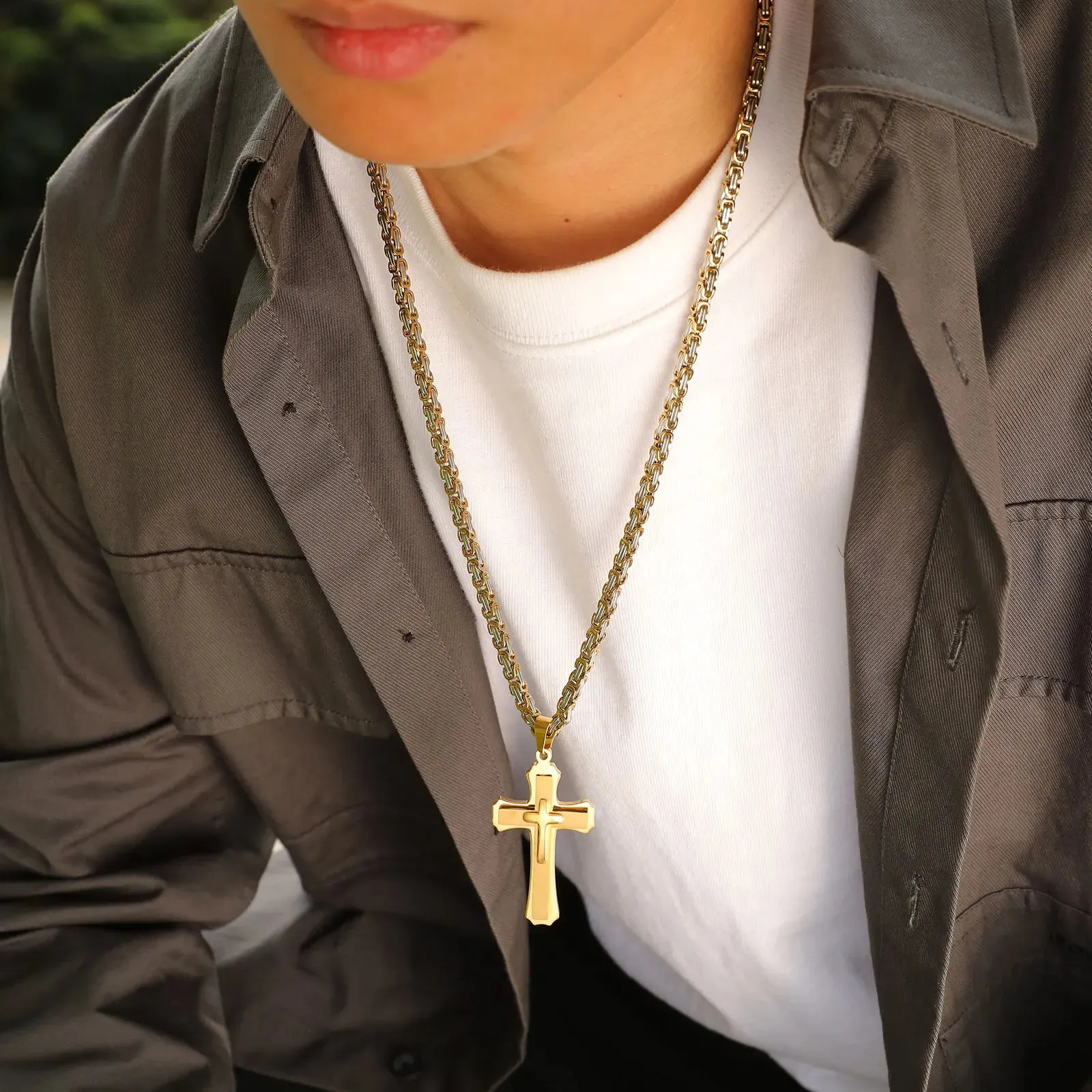 Chunky 3-layer Cross Necklaces for Men Boys,Bold Byzantine Link Chain Necklace