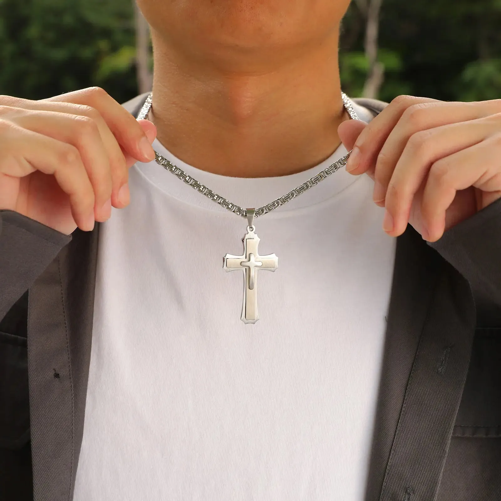 Chunky 3-layer Cross Necklaces for Men Boys,Bold Byzantine Link Chain Necklace
