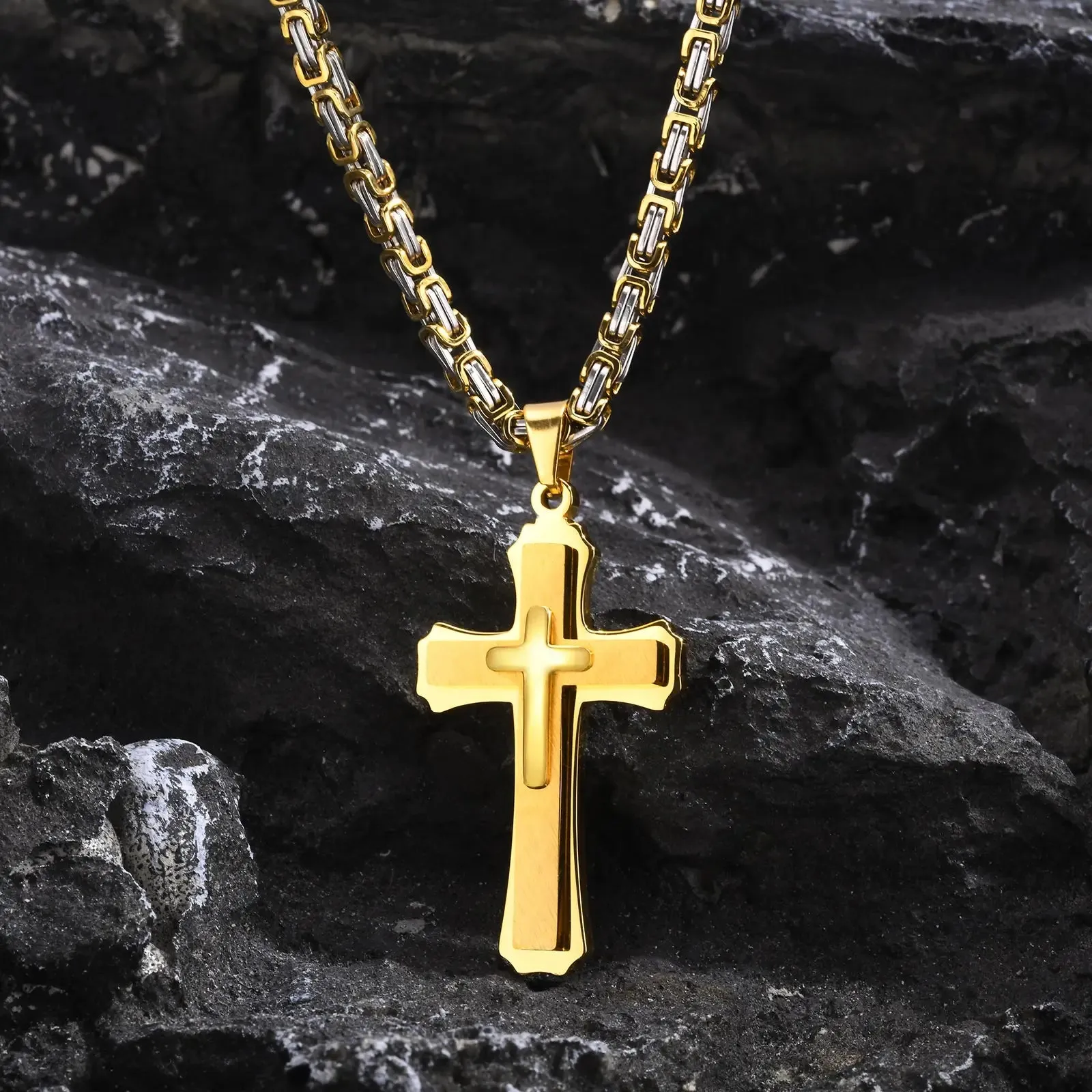 Chunky 3-layer Cross Necklaces for Men Boys,Bold Byzantine Link Chain Necklace