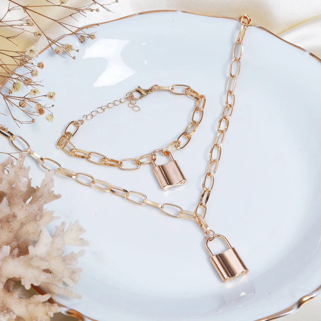 Chunky Chain-Link Gold-Toned Lock Pendant Necklace & Bracelet Set