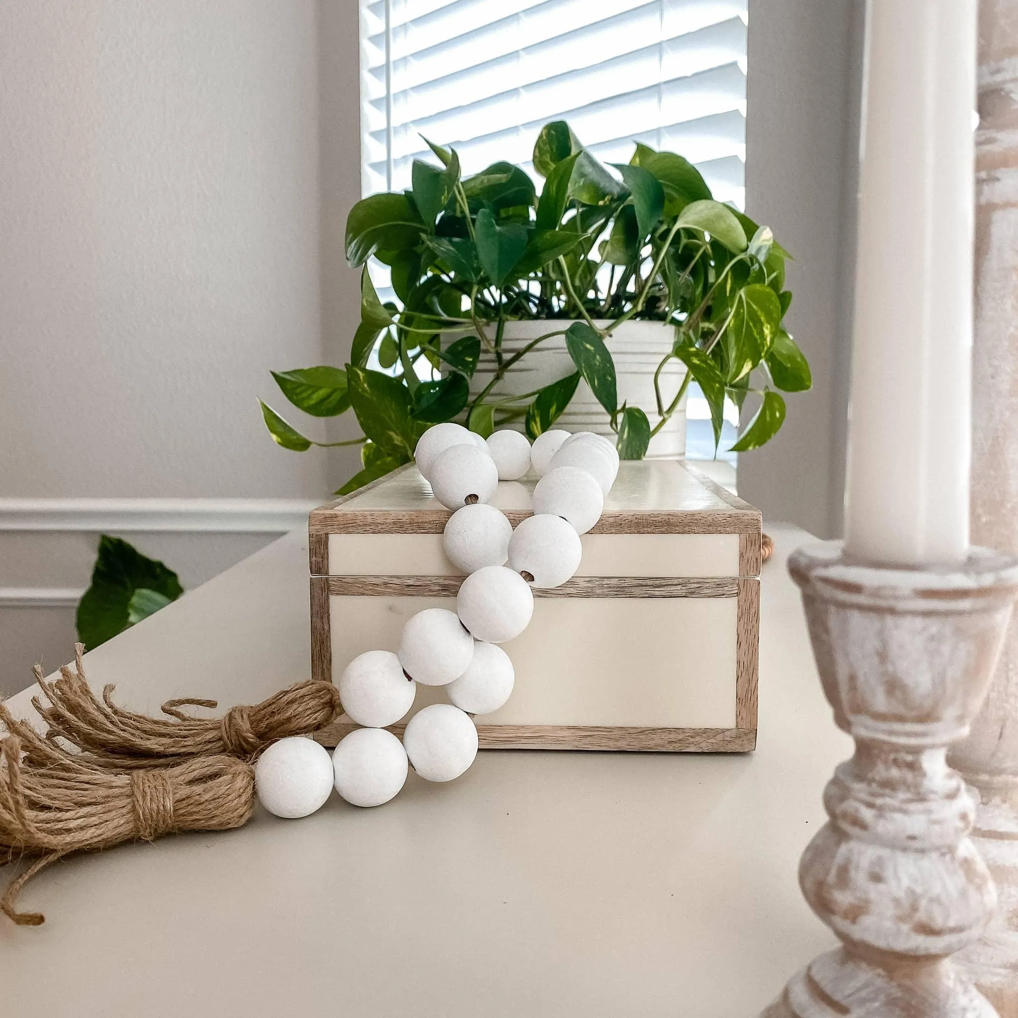 Chunky large wood bead garland with tassels- Rustic white