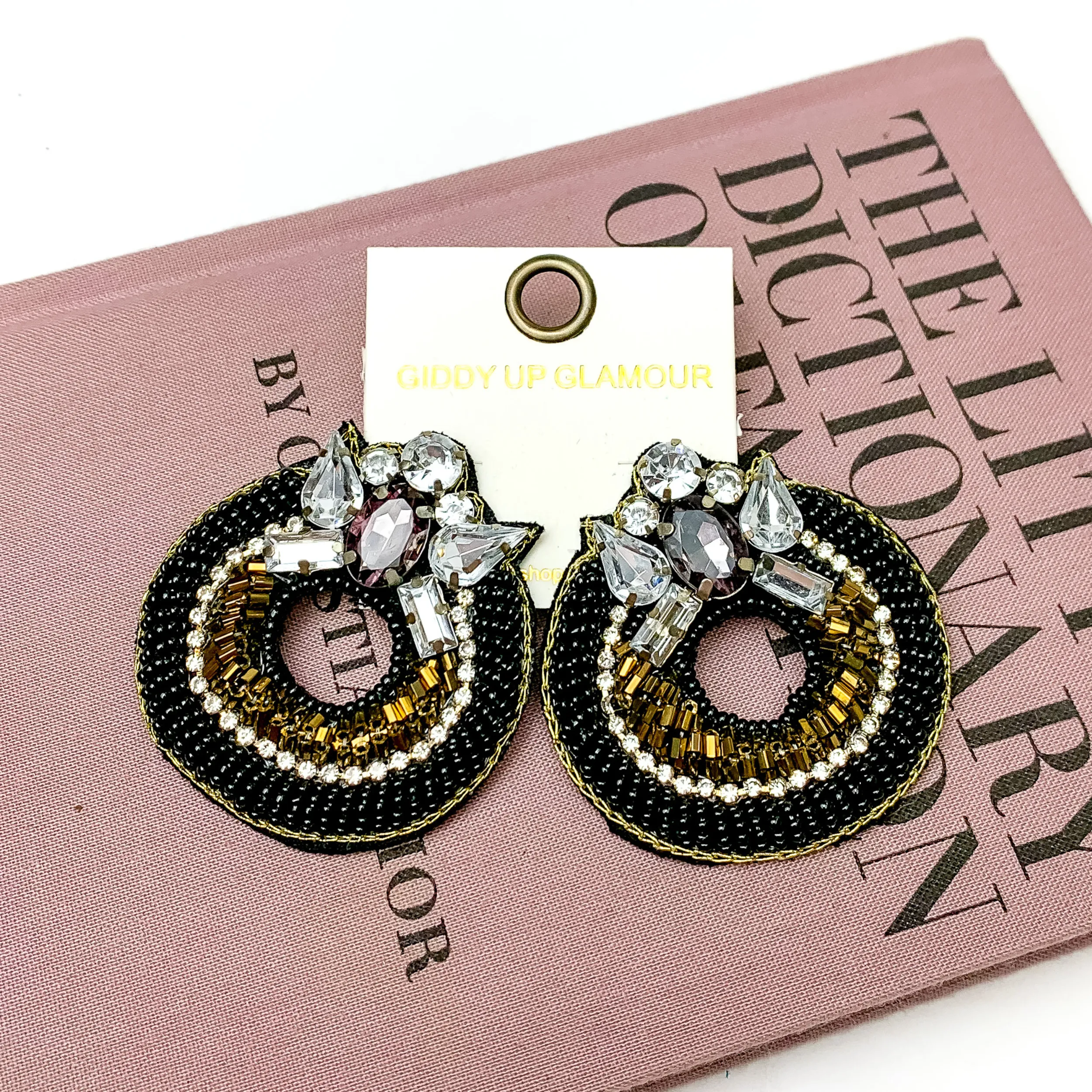 Circle Beaded Post Earrings with Jeweled Detailing in Black