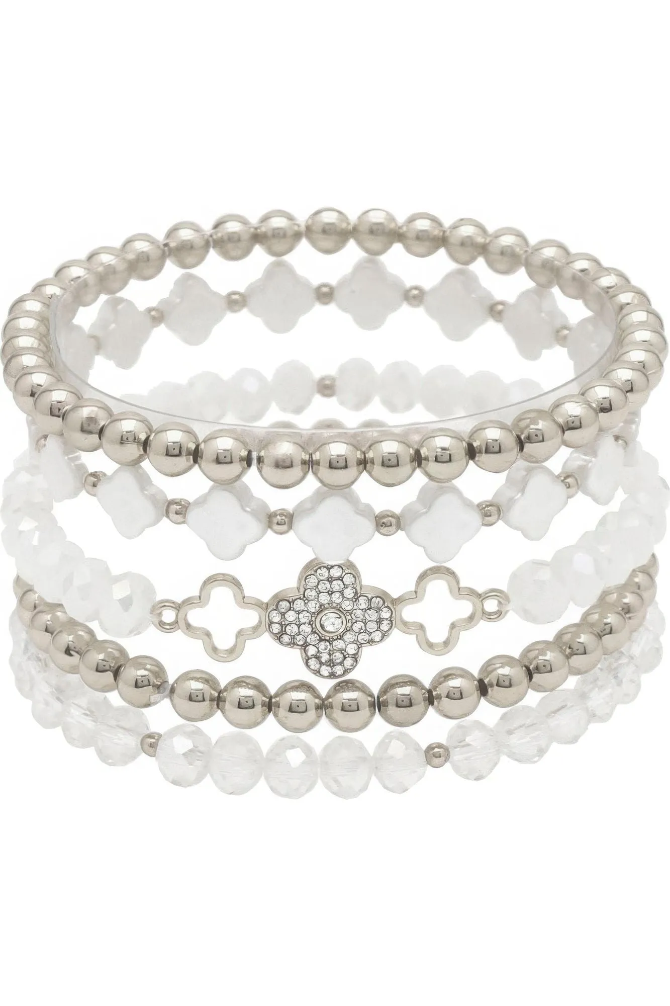 Clover Metal Pearl Rhinestone Stretch Bracelet Set