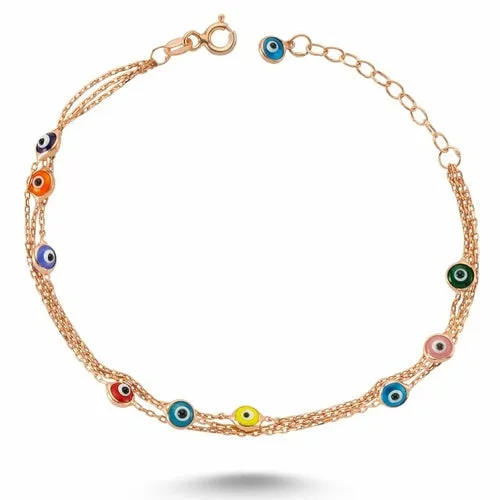 Colorful Evil Eye Rose Gold Bracelet with Handmade Sterling Silver Chain