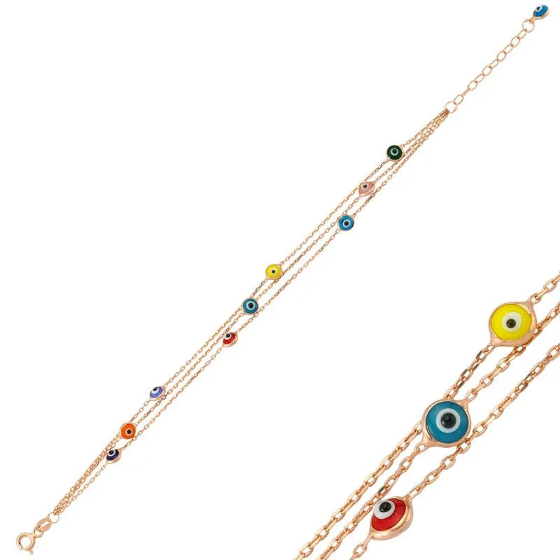 Colorful Evil Eye Rose Gold Bracelet with Handmade Sterling Silver Chain