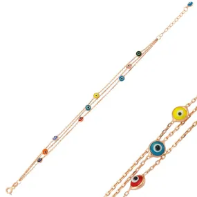 Colorful Evil Eye Rose Gold Bracelet with Handmade Sterling Silver Chain