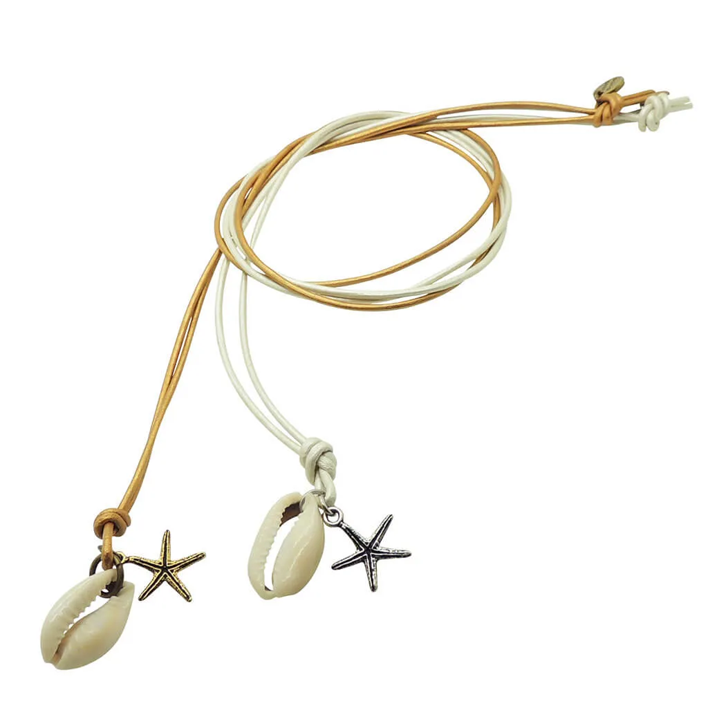 Cowrie Seashell Starfish Charm Duo Leather Cord Necklace