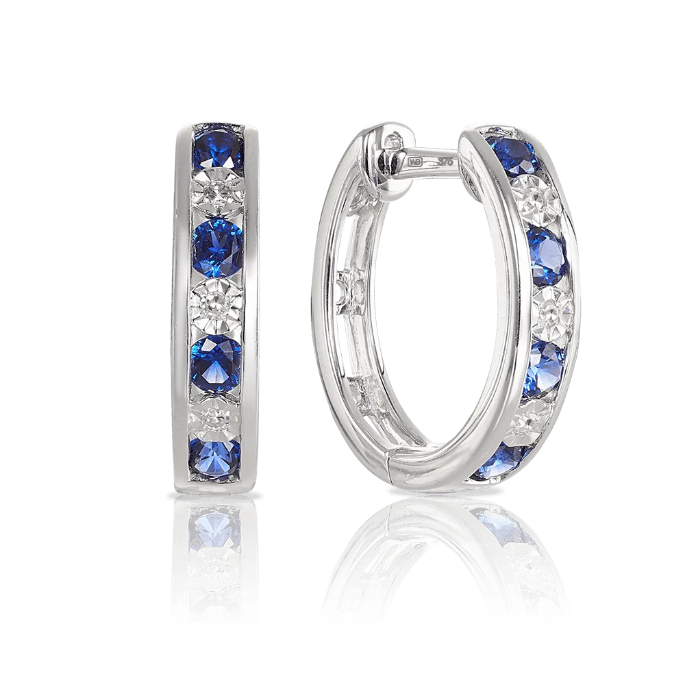 Created Sapphire & Diamond Hoop Earrings in 9ct White Gold