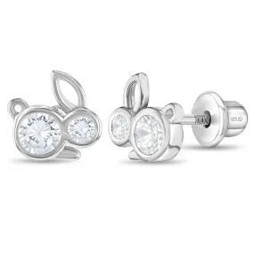 Cubic Zirconia Bunnies Baby / Toddler / Kids Earrings Screw Back - Sterling Silver