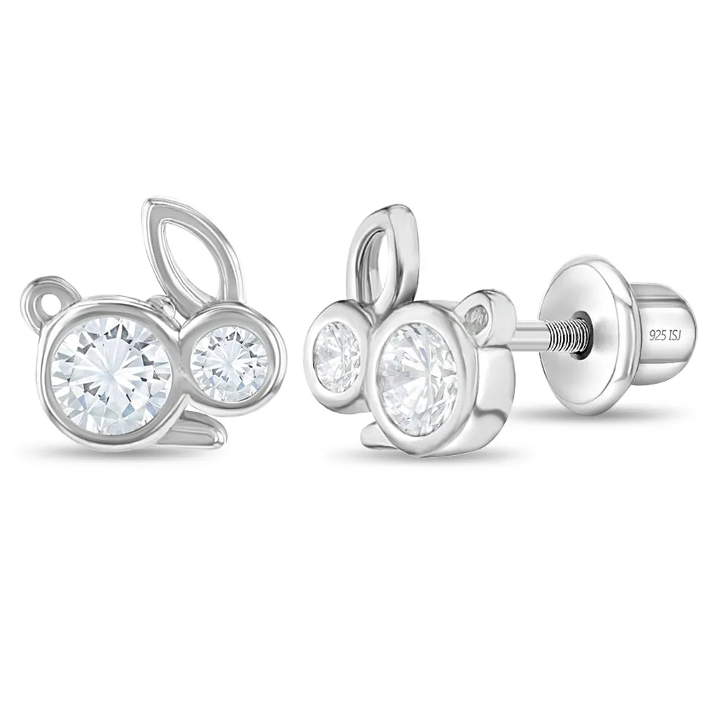 Cubic Zirconia Bunnies Baby / Toddler / Kids Earrings Screw Back - Sterling Silver