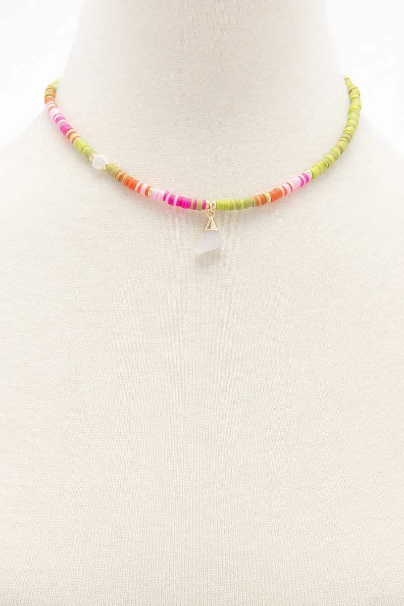 Dainty Stone Charm Rubber Disk Bead Necklace