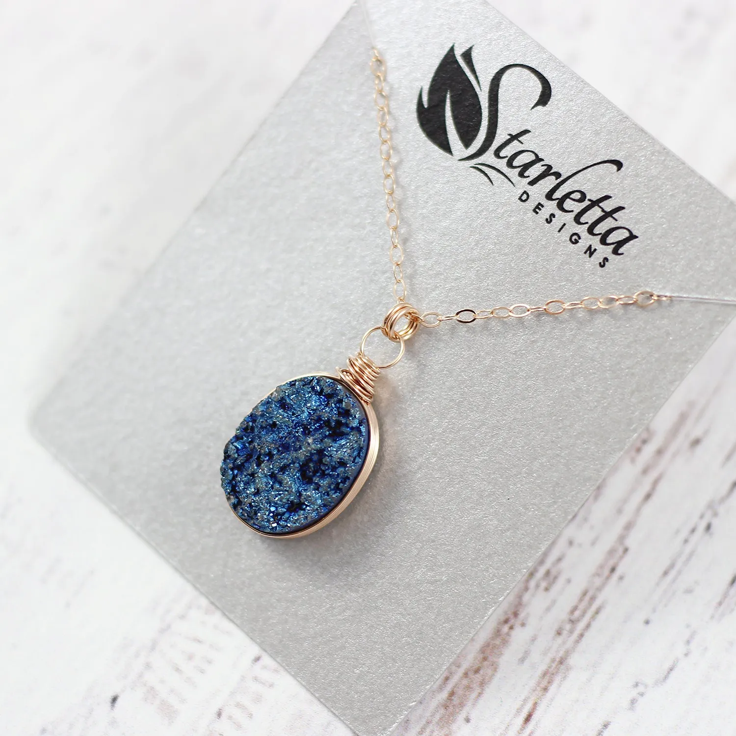 Dark Blue Druzy Oval Rose Gold Pendant Necklace