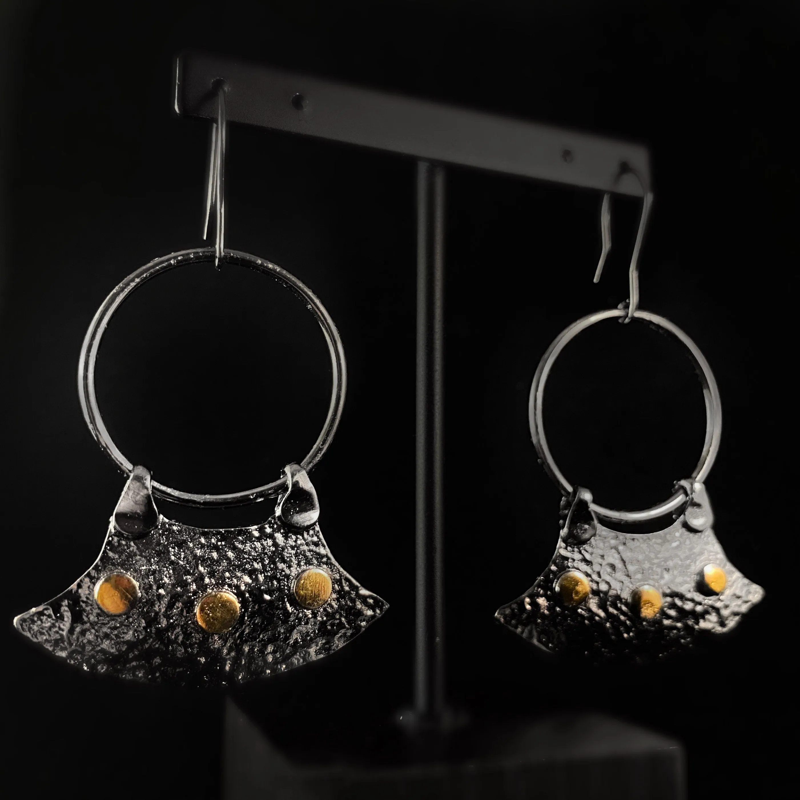 Dark Gunmetal Medallion Earrings with Gold Accent, Handmade, Nickel Free - Elegant Minimalist Jewelry for Women-Noir