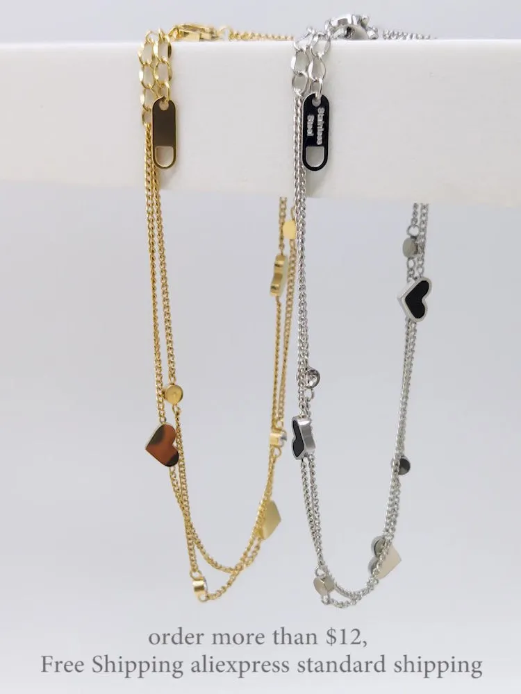 Double Layer Black &amp; White Heart Charm Anklets For Women