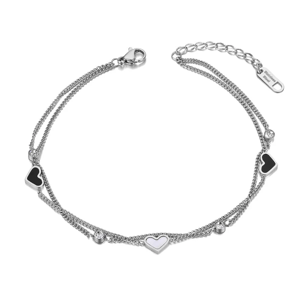 Double Layer Black &amp; White Heart Charm Anklets For Women