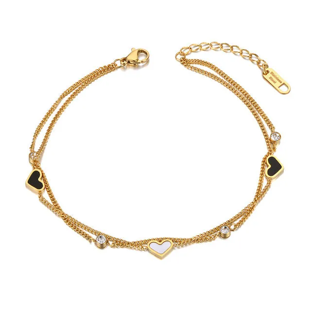 Double Layer Black &amp; White Heart Charm Anklets For Women