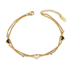 Double Layer Black &amp; White Heart Charm Anklets For Women
