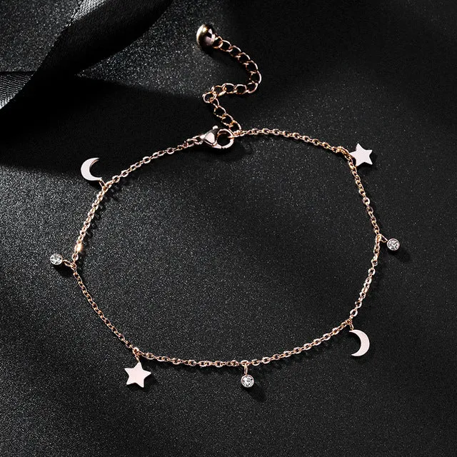 Fashion Fine Jewelry Zircon Stars Moon Charm Chain Anklets For Women