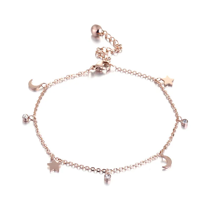 Fashion Fine Jewelry Zircon Stars Moon Charm Chain Anklets For Women