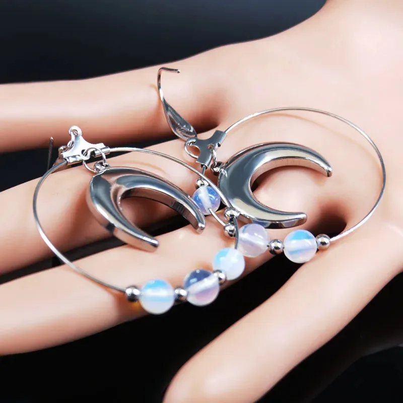 Fashion Witchcraft Moon Opal Stainless Steel Earrings for Women Round Dangle Earring