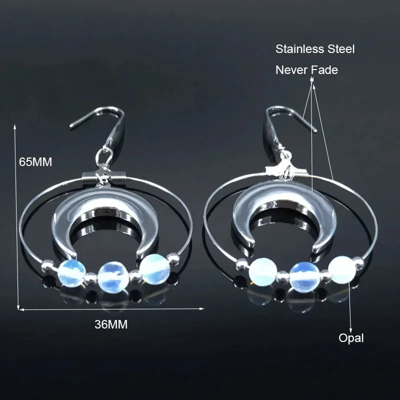 Fashion Witchcraft Moon Opal Stainless Steel Earrings for Women Round Dangle Earring