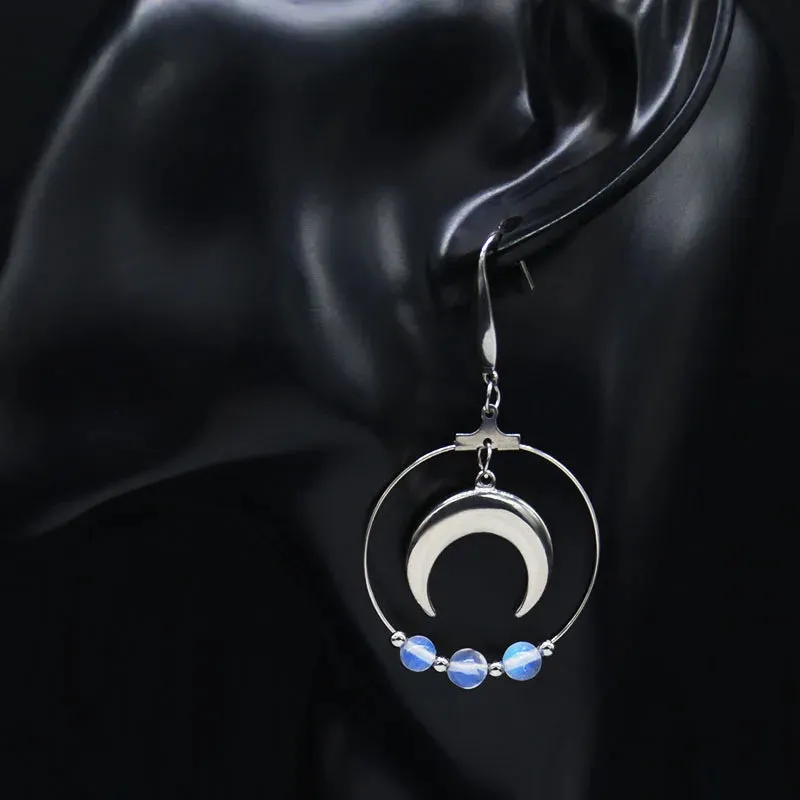 Fashion Witchcraft Moon Opal Stainless Steel Earrings for Women Round Dangle Earring