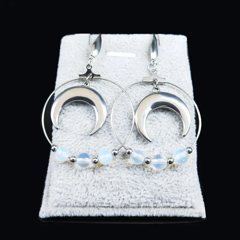 Fashion Witchcraft Moon Opal Stainless Steel Earrings for Women Round Dangle Earring