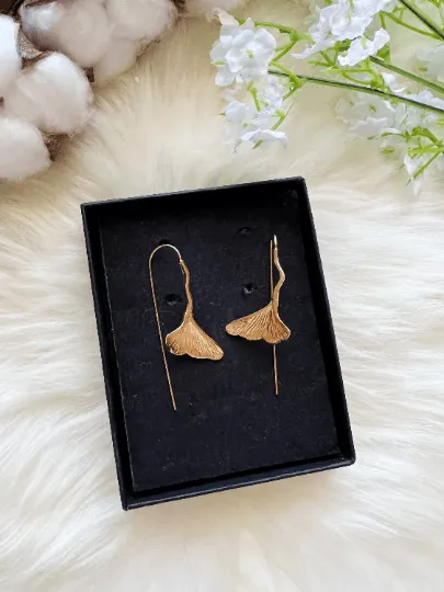 Floral - Ginkgo leaf Flower Gold statement earrings | dangly drop earrings | floral geometric earrings | Korean earrings