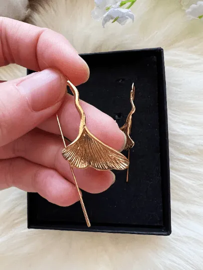 Floral - Ginkgo leaf Flower Gold statement earrings | dangly drop earrings | floral geometric earrings | Korean earrings