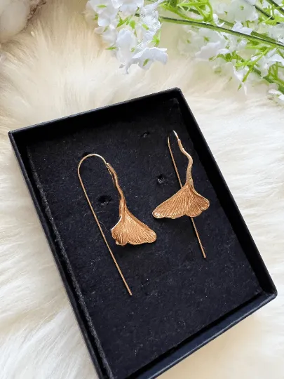Floral - Ginkgo leaf Flower Gold statement earrings | dangly drop earrings | floral geometric earrings | Korean earrings