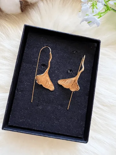 Floral - Ginkgo leaf Flower Gold statement earrings | dangly drop earrings | floral geometric earrings | Korean earrings