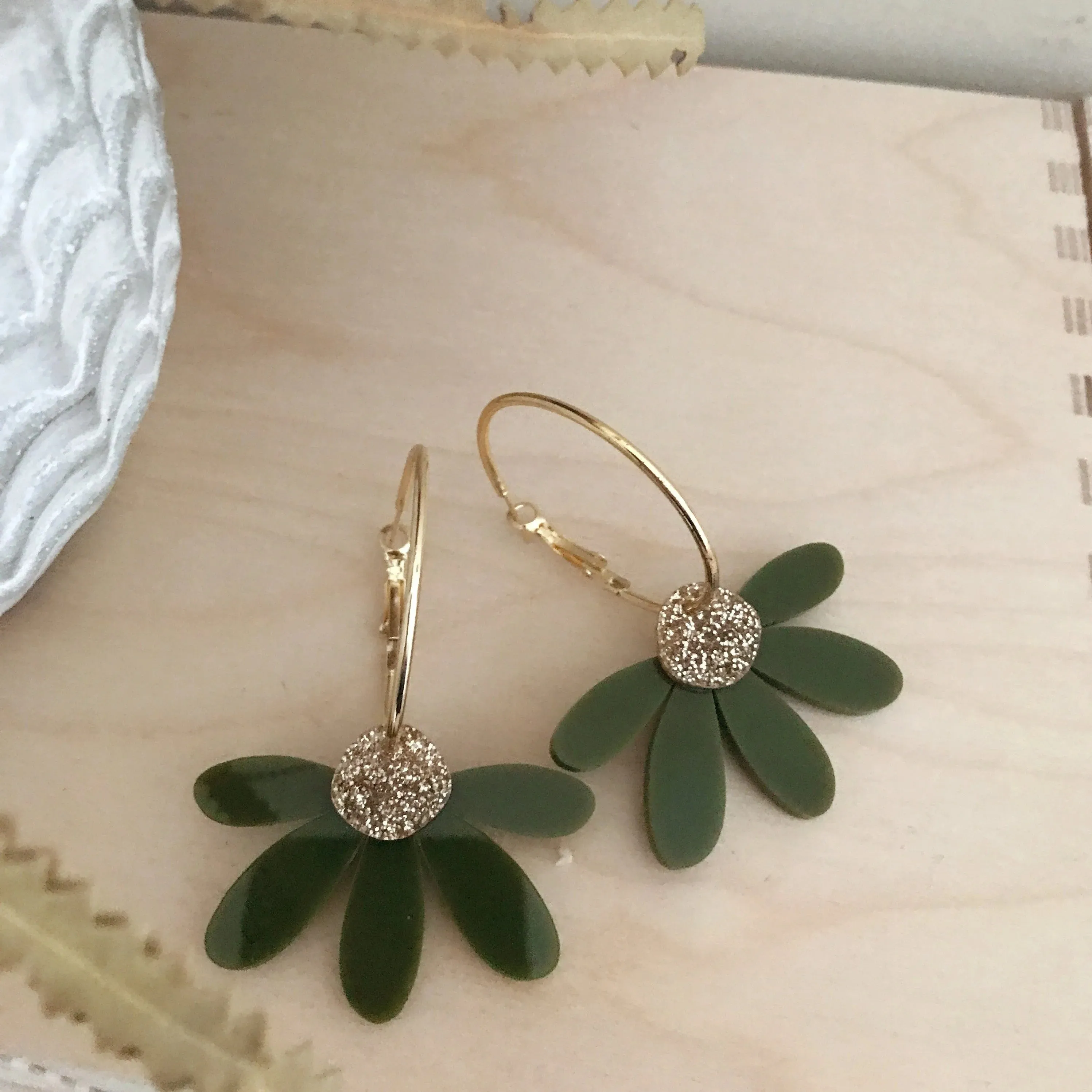 Foxie Collective - Jumbo Daisy Hoop Earrings - Olive   Gold Glitter