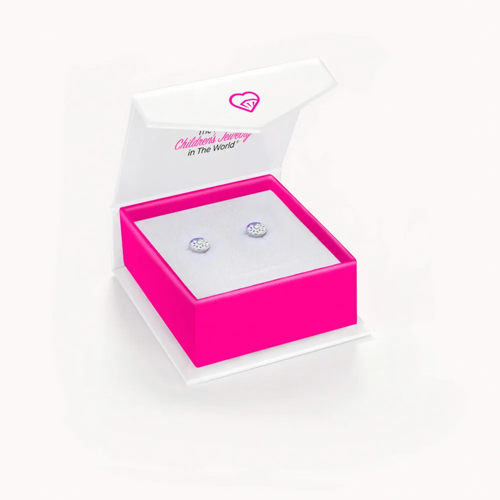 Frosted with Sprinkles Donut Kids / Children's / Girls Earrings Screw Back Enamel - Sterling Silver