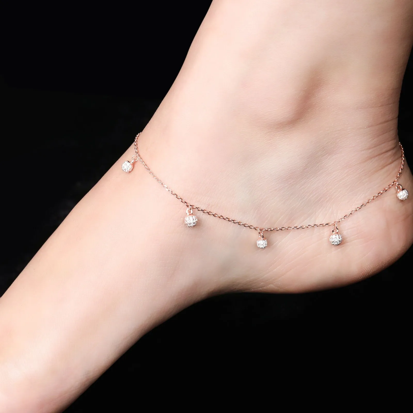 Gleaming Spherical Drop CZ Rose Gold Anklet