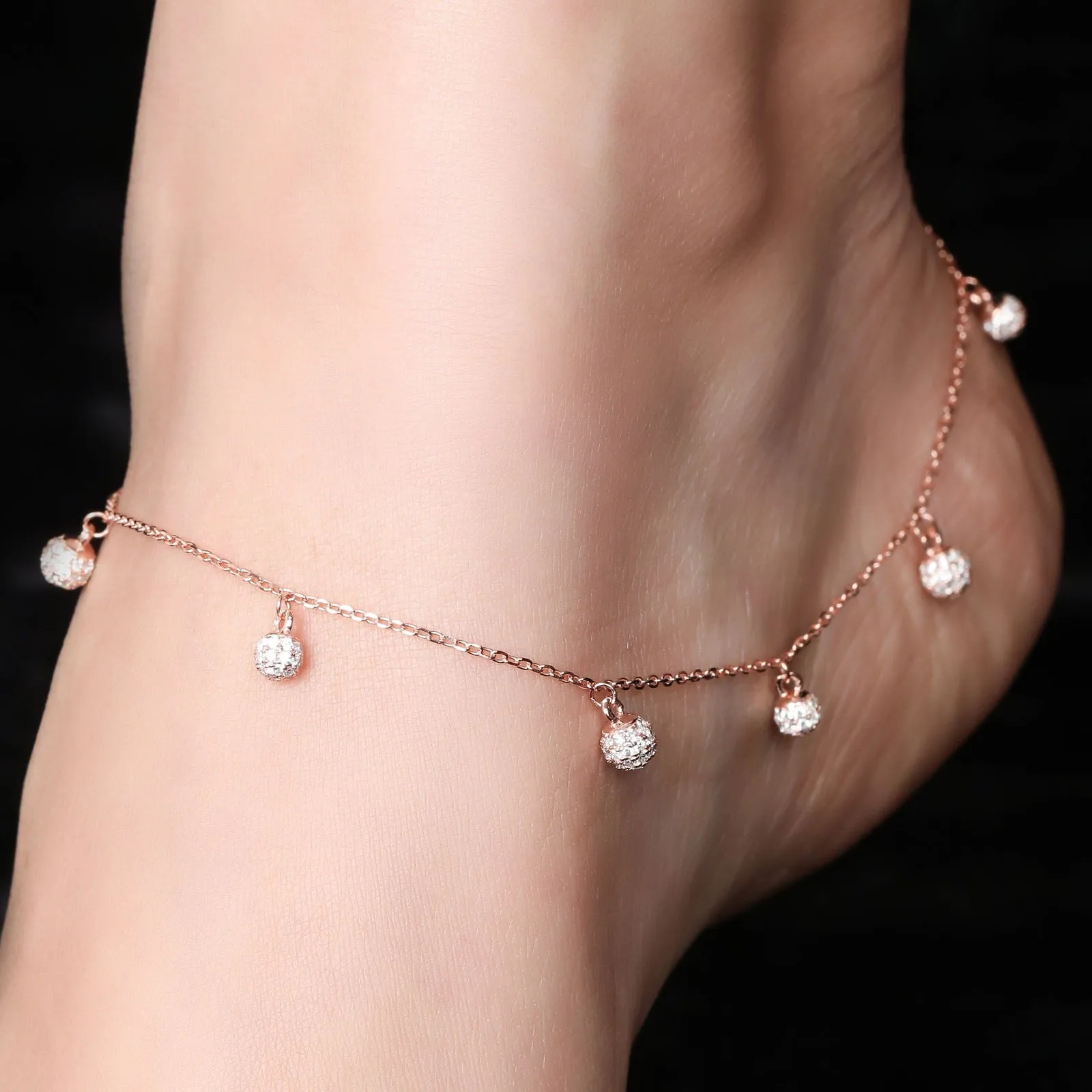 Gleaming Spherical Drop CZ Rose Gold Anklet
