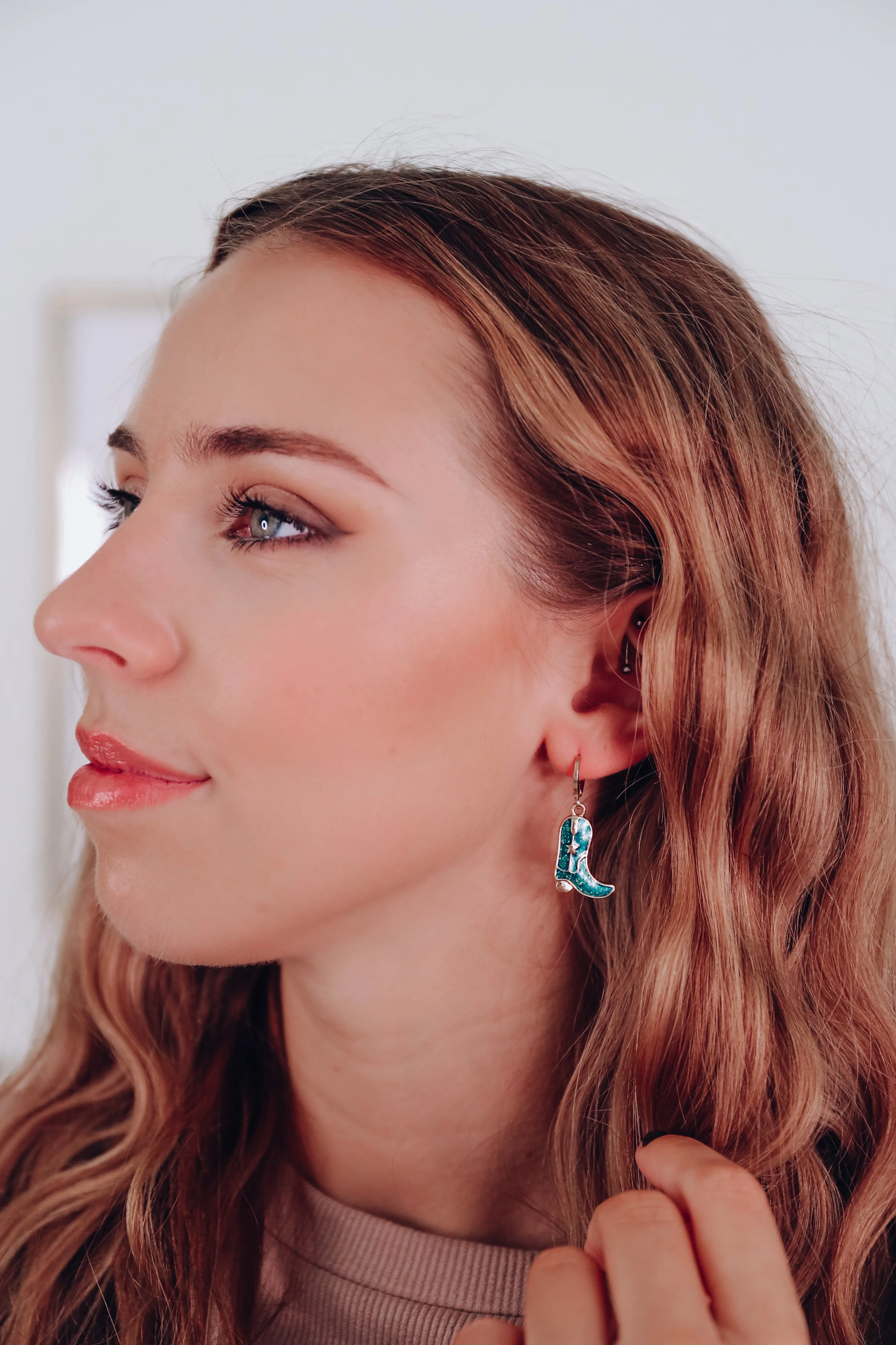 Glitter Enamel Boot Hoop Earrings - Green