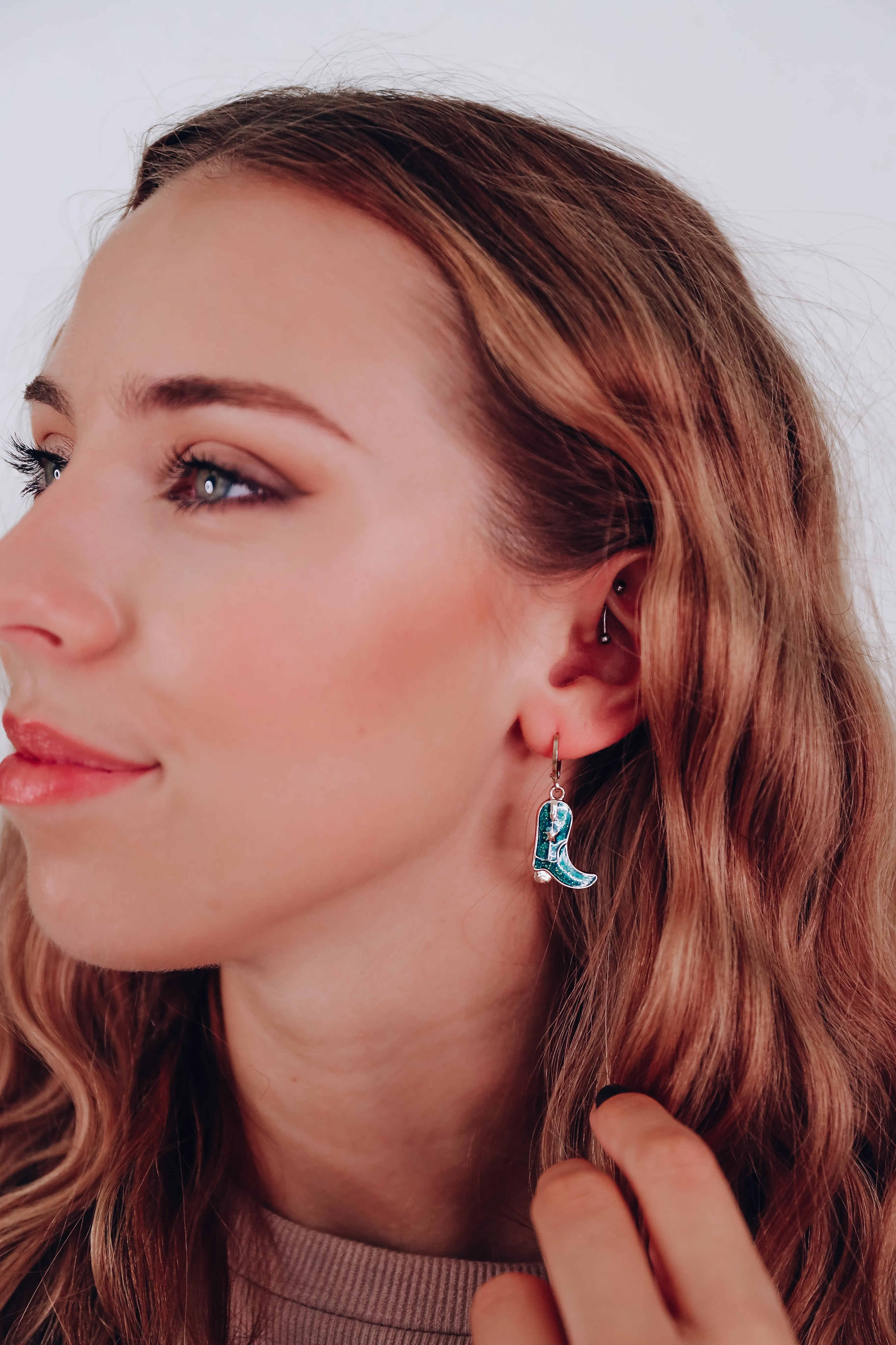 Glitter Enamel Boot Hoop Earrings - Green