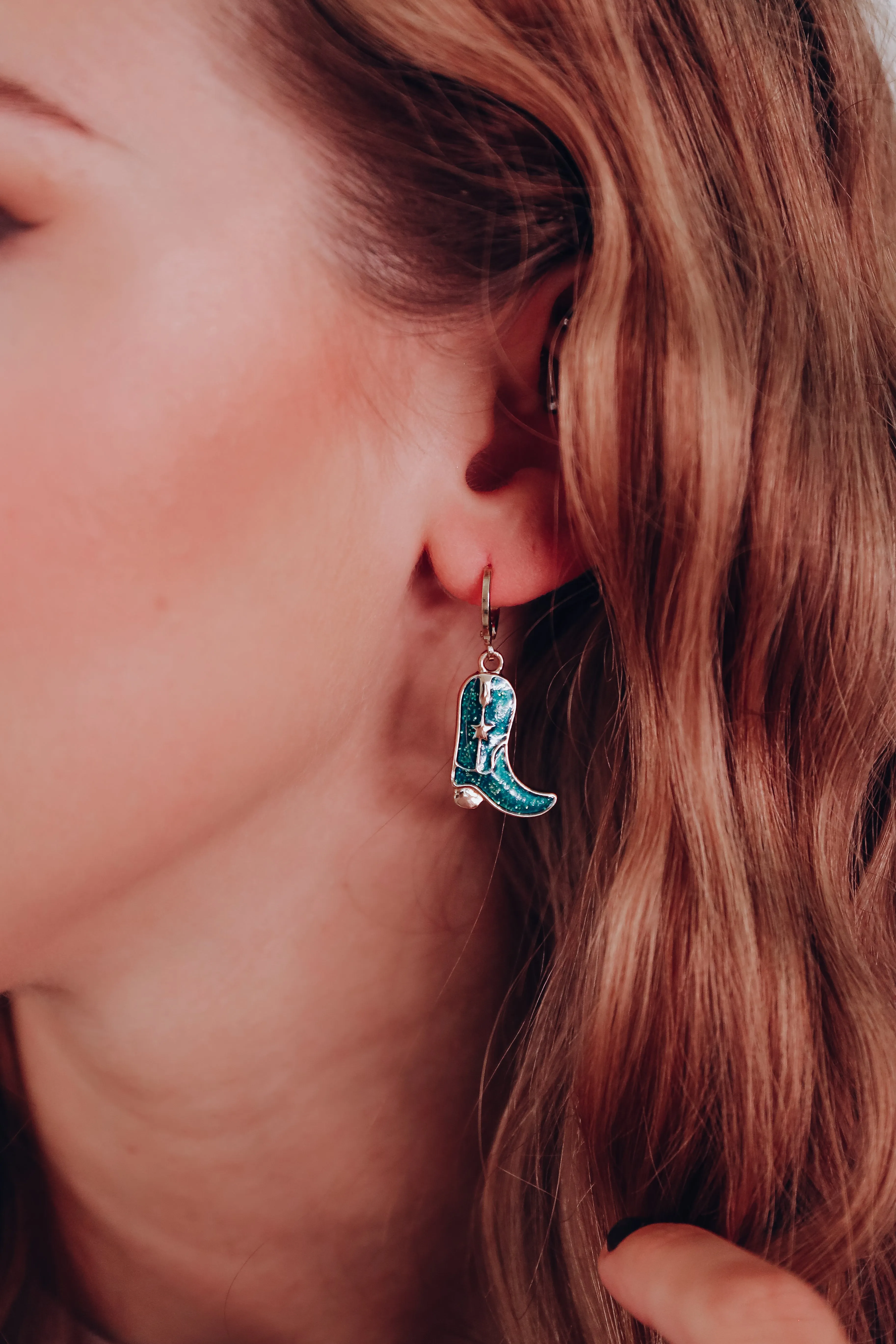 Glitter Enamel Boot Hoop Earrings - Green