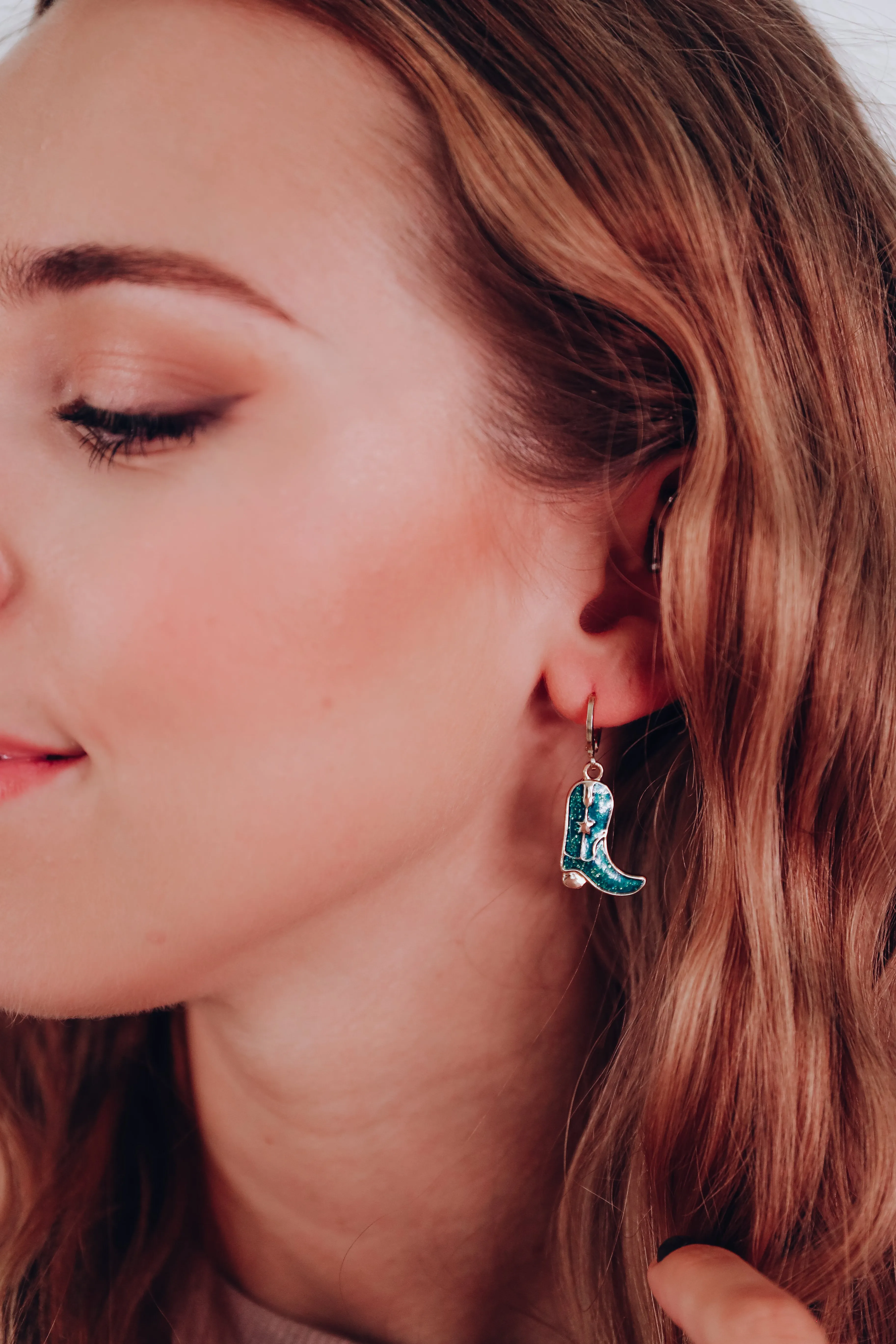 Glitter Enamel Boot Hoop Earrings - Green