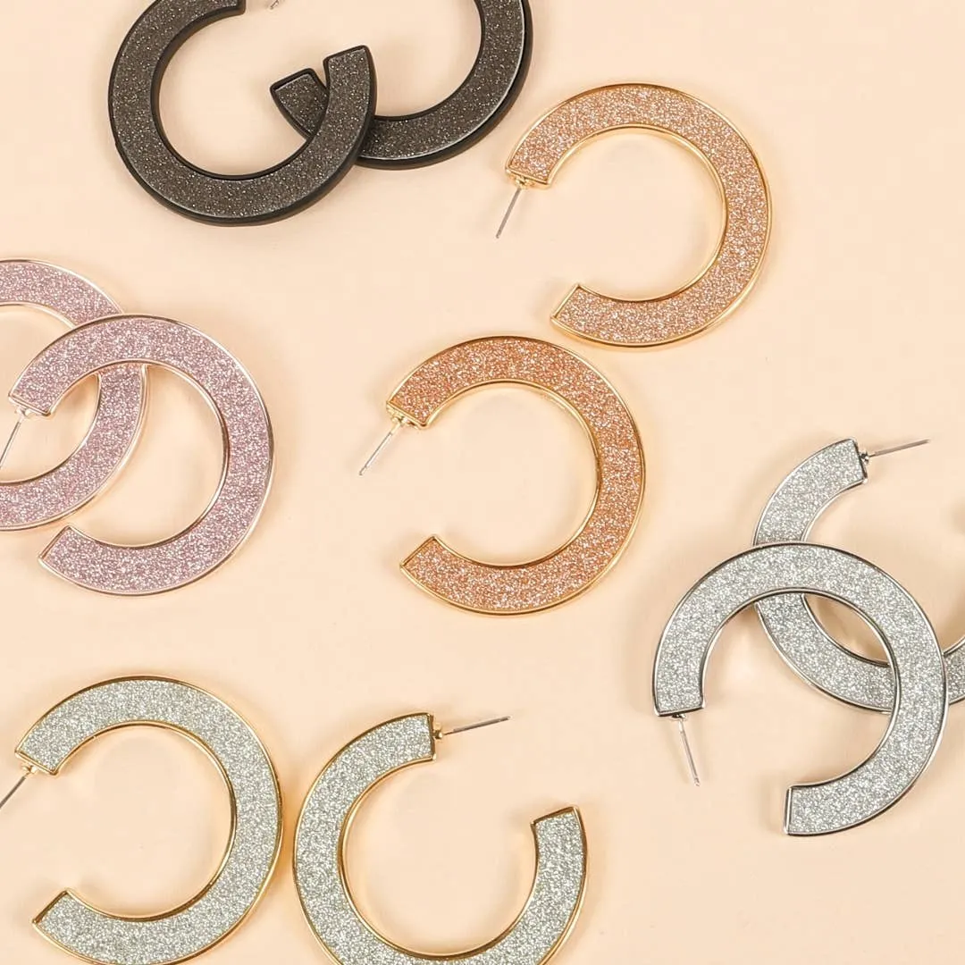 Glitter Open Hoop Earrings - Rose Gold, Silver, or Black