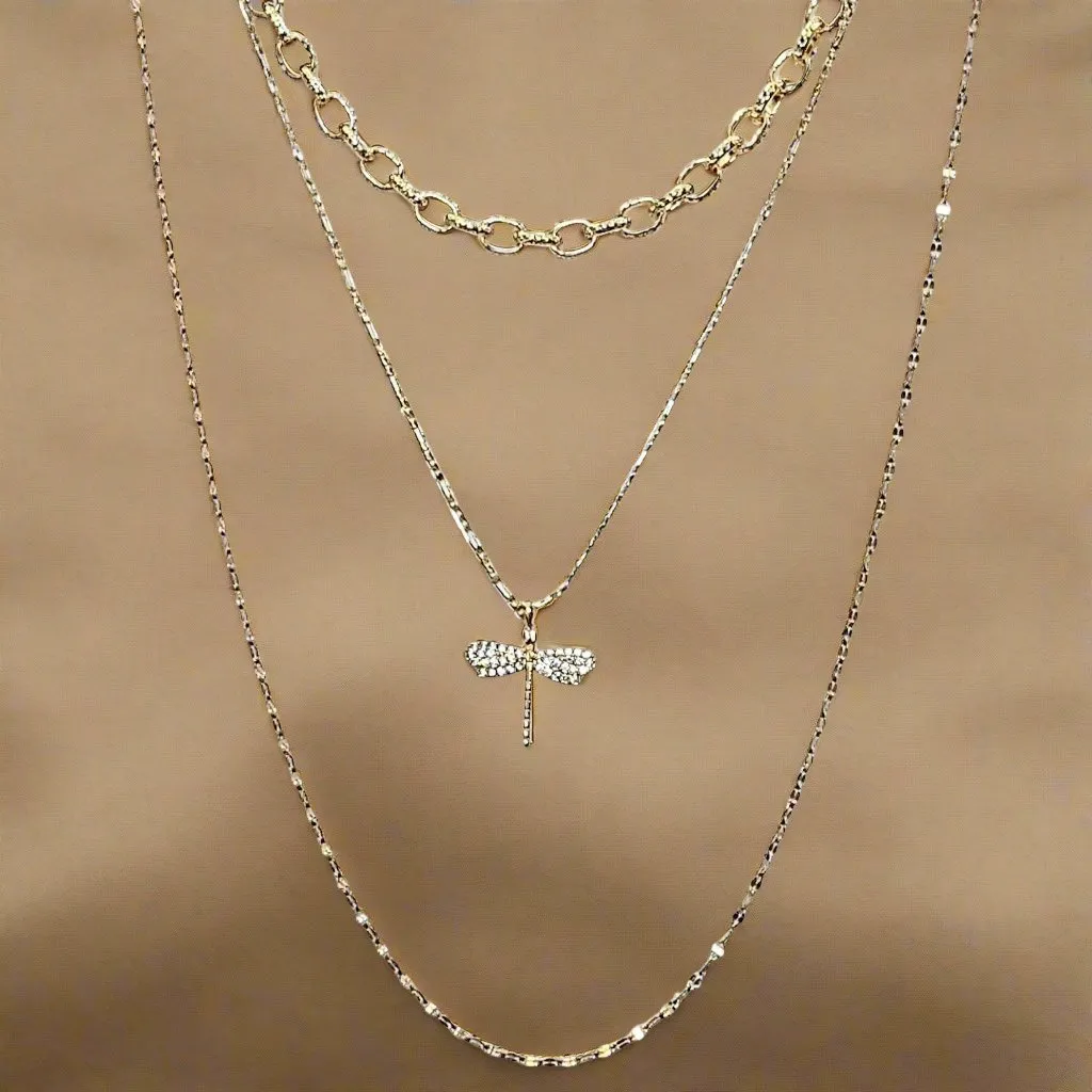 Gold Dragonfly Layered Necklace Set